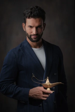 Bearded man in a navy blazer and white tee holds a brass lamp in a dark, cinematic actor headshot.