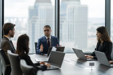 A suited man addresses colleagues around a boardroom table with laptops, a professional corporate team photography portrait.